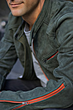 R79 SD Suede Jacket- Cafe Racer Green & Orange Leather Jacket