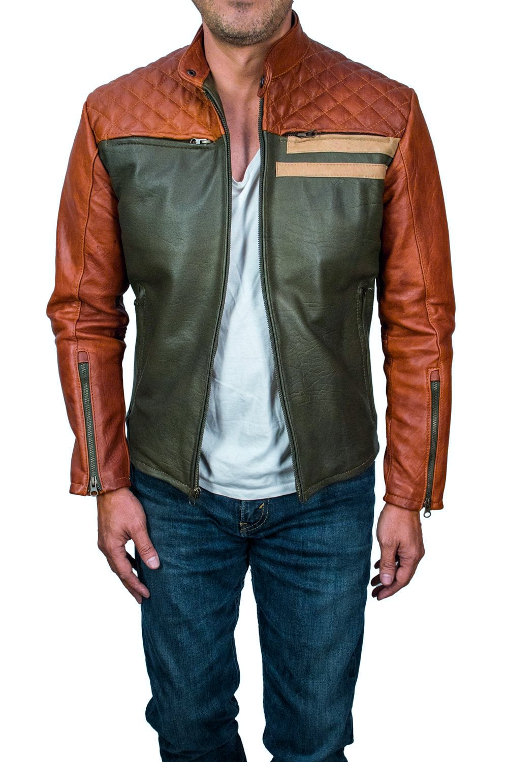 THE MASON Leather Jacket in Contrasted Amber & Green with Beige Stripes - Quilted