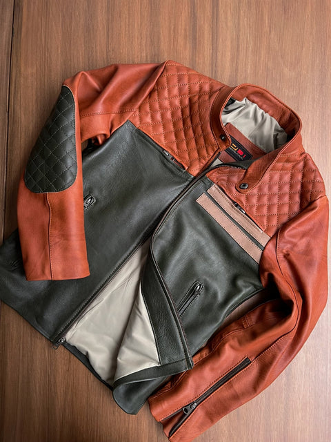 THE MASON Leather Jacket in Contrasted Amber & Green with Beige Stripes - Quilted